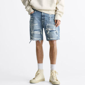 Shorts Bermuda décontractés en coton pour homme, taille mi-haute, déchirés, couleur unie, respirants, en maille tricotée, avec braguette zippée et finition délavée - Product Image 3