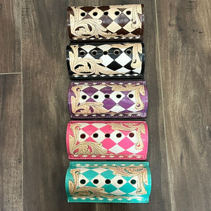 Rustic Western Style Genuine Leather <b>Pen</b> <b>Organizer</b> Hand Carved Floral and Diamond Checker Pattern <b>Pen</b> Holder for Corporate Gifts - Product Image 3
