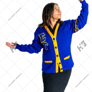 Custom Unisex Design Sigmma Gammma Royal Blue Yellow Greek Letter Varsity <b>Cardigan</b> <b>Sweater</b> - Product Image 2