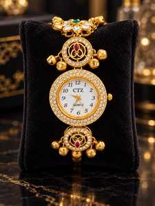 Montre-bracelet traditionnelle indienne faite à la main en forme d'animal, en perles dorées, style ethnique du Cachemire, pour femmes, Diwali - Product Image 2