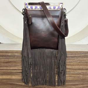 Bolso Bandolera de Cuero con Flecos a Cuadros, Hecho a Mano, Estilo Vintage Occidental Boho, de Piel de Vaca con Pelo, para Mujer - Product Image 6