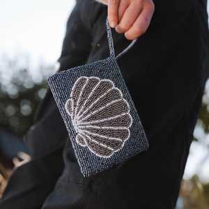 Handmade Beaded Shell Clutch Purse Rectangular Shape Cotton Embroidery Craft White Gray Design - Product Image 2