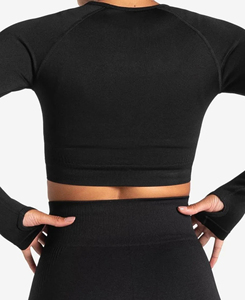 2026 Wholesale Women's Solid Black 2 Piece Yoga Set Breathable Long Sleeve <b>Crop</b> <b>Top</b> Mid Waist Shorts Seamless Low MOQ 180g - Product Image 3
