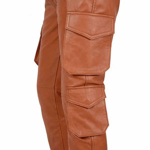 Pantalones Cargo para Hombre Marrones de PU con Cintura Alta, Frente Plano, Cierre de Botones, Lavado a la Piedra, Múltiples Bolsillos, Ropa de Trabajo, Invierno, Moto, Resistentes - Product Image 3