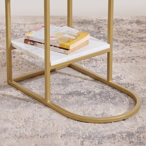Mesa Auxiliar Ovalada Contemporánea de Mármol Blanco con 2 Niveles de Estantes y Estructura Dorada Resistente, Mesa para Aperitivos que Ahorra Espacio para Sala de Estar - Product Image 4