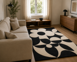Tapis en laine tufté à la main pour salon, motif rétro marguerite géométrique noir crème, style scandinave années 70, design personnalisé - Product Image 2