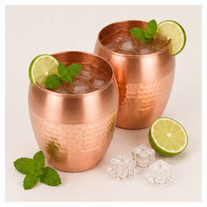 Pure <b>Copper</b> Tumbler Set of 2 Dholak Shaped Hammered Glasses for Ayurvedic Wellness and Natural Immunity Support - Product Image 2