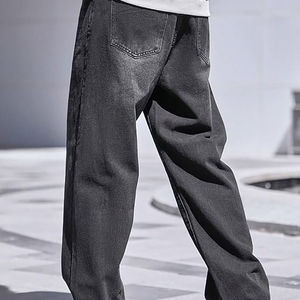 <b>Men's</b> Loose Fit Straight Leg <b>Jeans</b> Solid Grey Casual Denim <b>Trousers</b> - Product Image 2