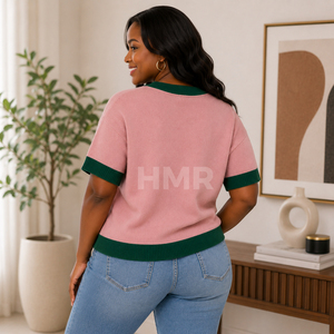 HMR Women Sorority Sisterhood OEM ODM Women's Knitted V-Neck <b>Cardigan</b> <b>Short</b> <b>Sleeve</b> Contrast Color Casual Button Closure - Product Image 4