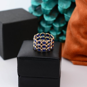 Natural Blue Sapphire Triple-<b>Row</b> Statement Ring in Solid 18K Yellow Gold – Wide Triple-Band Bezel Set Ring September Birthstone - Product Image 4