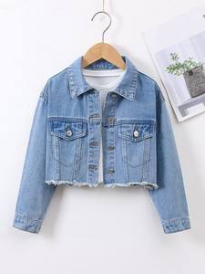 <b>Cropped</b> <b>Denim</b> <b>Jacket</b> Women Light Wash Button Front Pockets Long Sleeve Casual Autumn Style Distressed Finish - Product Image 6