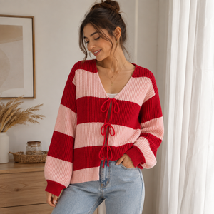 Cárdigan de Punto a Rayas Rojo y Rosa para Mujer, Cuello Redondo, Manga Regular, Otoño, Antipilling, Grueso, Informal, 100% Acrílico - Product Image 6