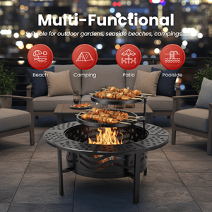 Modern Round Fire Pit <b>Table</b> Outdoor Metal Wood Burning Firepit with Swivel <b>BBQ</b> Grill Grate 2 Tier Large Patio Fire <b>Table</b> FP006 - Product Image 2