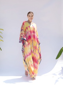 Tie Dye Floor-length Long Sleeve V-neck Breathable Beach Cover up Bohemian Abaya for Women Drawstring Kaftan Gypsy Formal Cotton - Product Image 2