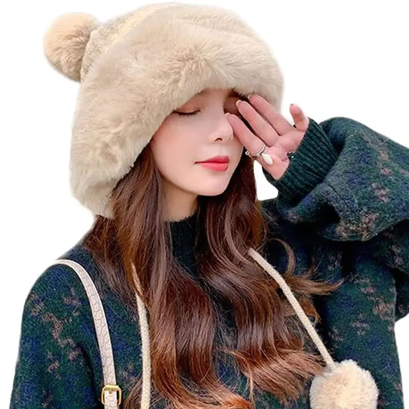 ฤดูหนาวPompomหมวกหมวกผู้หญิงถักผู้หญิงหมวกFaux Furโครเชต์กะโหลกหมวกถังอุ่นกลางแจ้งหู