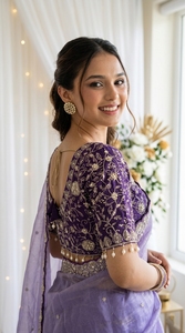 AARA Fashion <b>Purple</b> Silk <b>Saree</b> Gold Embroidery Sun Protection for Wedding Elegant Floor-Length Women's Sari India Pakistan Style - Product Image 2