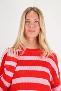 Ensemble 2 pièces tricoté rayé rouge et rose pour femme, col rond, manches longues, coupe ample, décontracté, printemps-été - Product Image 3