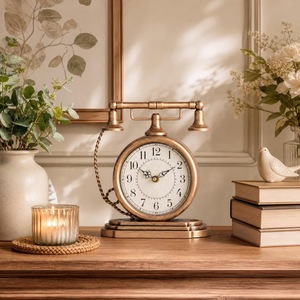 Horloge de bureau circulaire en laiton avec design traditionnel, mouvement à quartz, fonction d'alarme, affichage à aiguilles, fonctionne sur piles - Product Image 4