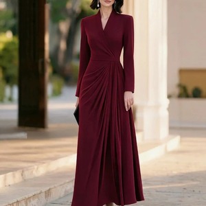 Robe de soirée longue en satin à col en V pour femme, manches longues, coupe modeste, style A-line drapé, motif Paisley écologique - Product Image 3