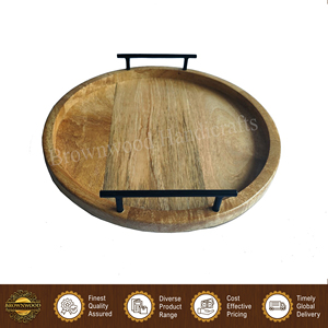 Plateau de service en bois de manguier de qualité supérieure, design unique, vente en gros, personnalisable, avec poignées en métal, pour hôtel, restaurant et usage domestique - Product Image 3