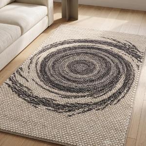 Tapis d'intérieur tendance en laine, couleur unie beige charbon, antidérapant, à poils moyens, tissé à la main, texturé, à boucles épaisses - Product Image 3