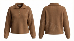 Pull polo côtelé élégant 100 % polyester avec boutons sur le devant, pull décontracté en maille, confortable, doux, tendance, à manches longues - Product Image 2