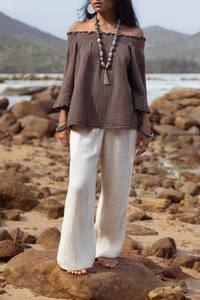 Haut en coton smocké à épaules dénudées pour femme, couleur rouille, style bohème, en gaze de coton ultra douce, à manches cloche et longues, pour l'été, grande taille - Product Image 3