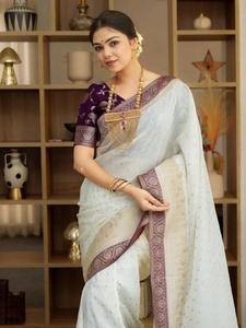 Sari de Seda Litchi Premium con Patrón Banarasi, Bicolor, Ropa Étnica para Mujer, Borde Zari Tradicional, Protección Solar, Secado Rápido, Estilo Indio - Product Image 2