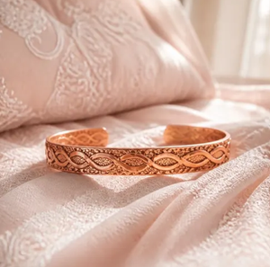 Copper Surface Engraved Oval Mesh Chain Link Pattern Adjustable Open Cuff Wristband Heavy Duty Solid Copper - Product Image 6