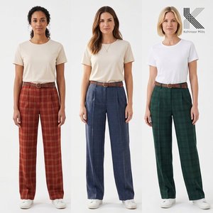 Pantalon large à taille haute pour femme, à carreaux, en coton, plissé, longueur intégrale, style décontracté, pour le printemps - Product Image 1
