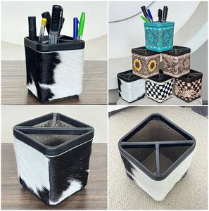 Porte-stylos carré en cuir de vachette véritable fait main de luxe, organiseur de bureau design western, rangement pour fournitures de bureau - Product Image 3