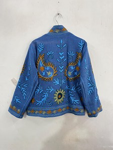 Chaqueta de algodón azul con bordado Suzani para mujer, estilo bohemio, étnico, hecha a mano, abrigo corto, prenda exterior - Product Image 5