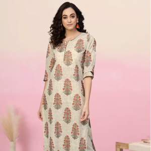 ชุดคุर्ตาผ้าฝ้ายแคมบริคสีเบจสำหรับผู้หญิง ตกแต่งด้วยเลื่อม แขนสามส่วน ทรงตรง สวมใส่สบายๆ สไตล์ชาติพันธุ์ สำหรับฤดูร้อน แห้งเร็ว ผลิตจากวัสดุรีไซเคิล - Product Image 1