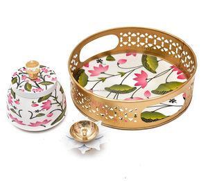 Custom Hand Painted Lotus Pooja Thali Set Gold Cutout Metal Tray Decorative Jar Brass Oil Lamp Diya Bulk - Product Image 3