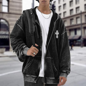 Vintage Goth Punk Zip Up Hoodies for Men Grunge Streetwear Oversized Gothic <b>Cross</b> Graphic Acid Wash Sweatshirt <b>Tops</b> - Product Image 2