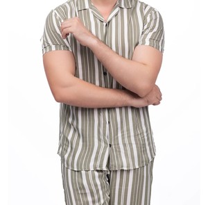 Striped Cotton Bamboo Fiber Short Sleeve Shirt <b>Pants</b> Set Turn-<b>Down</b> Collar Regular Fit Breathable Casual Spring Summer Unisex - Product Image 1