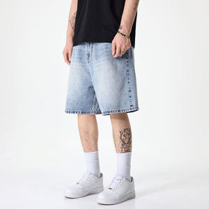 Shorts en jean délavé pour homme, coupe droite, taille mi-haute, décontracté, pour l'été, en tissu de coton tissé, avec poches, respirant - Product Image 4