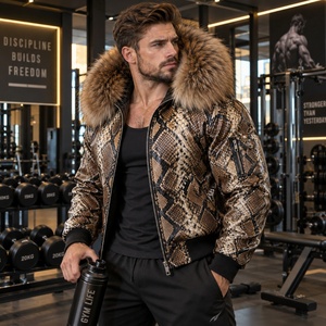 Men's Python Leather Hooded <b>Coat</b> with Genuine <b>Fox</b> <b>Fur</b> Trim Luxury Casual Motor Wear | Herren Lederjacke | Chaqueta Hombre Cuero - Product Image 4