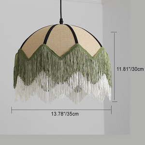 Handmade <b>Vintage</b> Pagoda Rattan Pendant Light Boho Scalloped Woven Cane Hanging <b>Lamp</b> With Burgundy Tassel Fringe Trim Wicker - Product Image 3