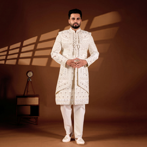 Traje de hombre Sherwani festivo para boda, con cuello mandarín, sin arrugas, con patrón de entramado de diamantes, base de seda Vergo premium y lentejuelas en tonos pastel. - Product Image 1