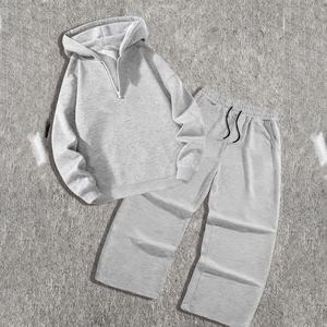 Ensemble de survêtement unisexe gris à capuche 100% coton, manches longues, coupe ample, couleur unie, vêtements décontractés d'automne avec poches latérales - Product Image 1