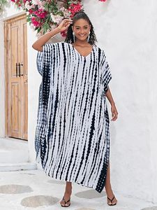 V-Neck Tie Dye Striped Maxi Dress Cap Sleeve Loose Boho <b>Summer</b> Casual <b>Kaftan</b> With Pockets Asymmetrical Hem - Product Image 4