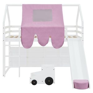 Lit mezzanine en bois blanc et rose pour enfants, taille double, avec cadre en forme de maison et tente – Catégorie de produit : Lits pour enfants - Product Image 4