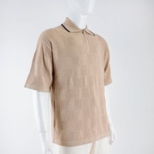 Spring Summer Short Sleeve <b>Checkered</b> Pattern Ribbed Men's <b>Top</b> Zipper Polo Neck Men's Cotton Knit Sweater - Product Image 2