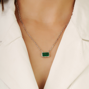Stunning 6x11 mm Octagon Shape Natural <b>Emerald</b> Gemstone & Round Diamond Cluster 925 Silver <b>Pendant</b> Necklace For Women's - Product Image 2