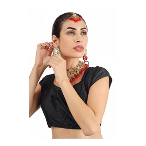 Ethnic Gold Plated Kundan Jewelry <b>Set</b> Necklace Earrings Maang Tikka Women Wedding Bridal Wear Red <b>Crystal</b> Rhinestone Alloy - Product Image 2
