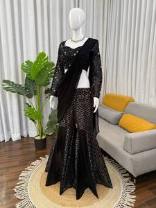Conjunto Lehenga Choli Sharara Negro Bordado para Mujer, Étnico, Reversible, de Secado Rápido, Largo hasta el Tobillo, para Fiestas, Bodas, Diwali - Product Image 5