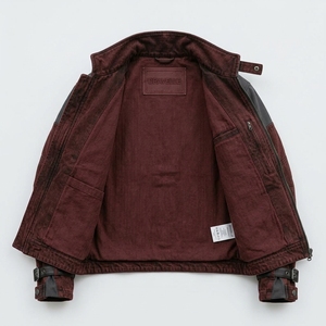 Blouson de moto vintage en jean bordeaux pour homme, style streetwear, avec patchwork en cuir et multiples poches, vêtement d'extérieur pour la conduite - Product Image 5