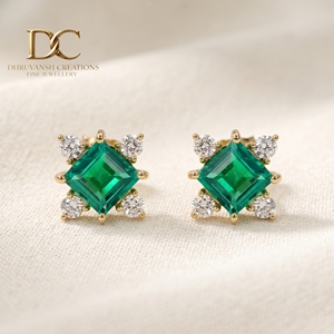 IGI Certified 14KT Solid Yellow Gold Lab Grown Diamond and Colombian <b>Emerald</b> <b>Stud</b> <b>Earring</b> Square Cut Designer Jewelry for Women - Product Image 4