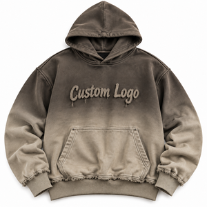 Sweat à capuche en molleton bouclette marron beige personnalisé, style vintage, dégradé, ourlet effiloché, design tendance, patch brodé, effet soleil délavé, coupe oversize - Product Image 1